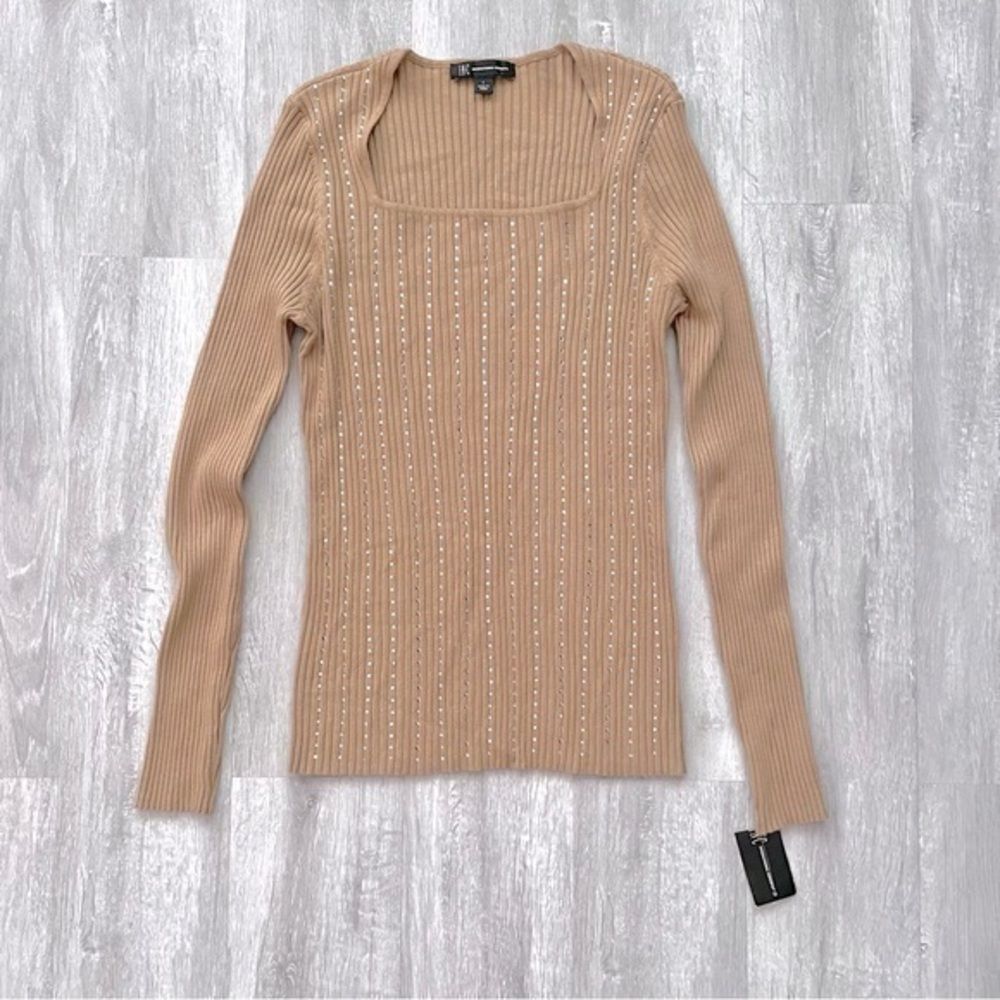 INC Women's L Square Neck Tan Beige Rhinestone Studded Ribbed Long Sleeve Top